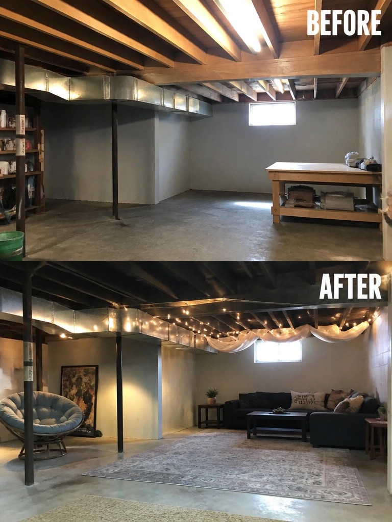 Before-and-after image of an unfinished basement turned into a furnished living space with string lights, seating, and area rugs.