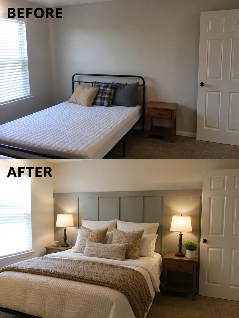 Before-and-after image of a bedroom updated with matching nightstands, lamps, and a new headboard.