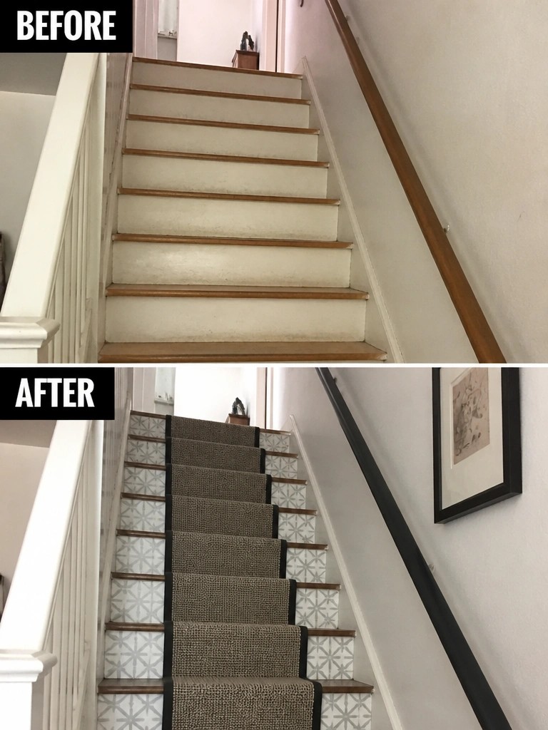 Before and after of staircase with carpet runner and patterned tile risers.