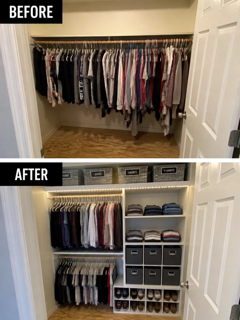 Before-and-after image of a cluttered closet reorganized with added white shelving, labeled bins, hanging rods, and shoe storage.