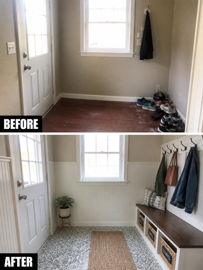 Before and after entryway renovation with bench, hooks, rug, and patterned tile floor
