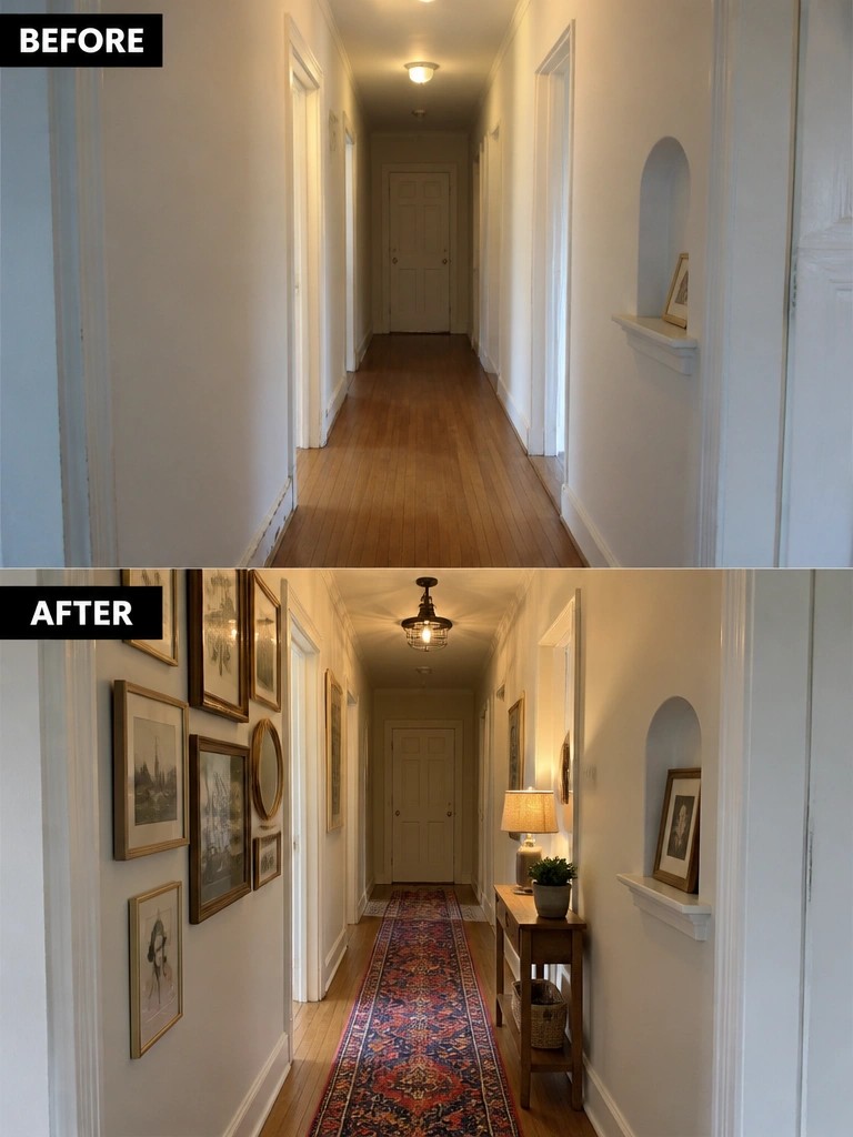 Before and after of plain hallway transformed with art, rug, table, and lamp.