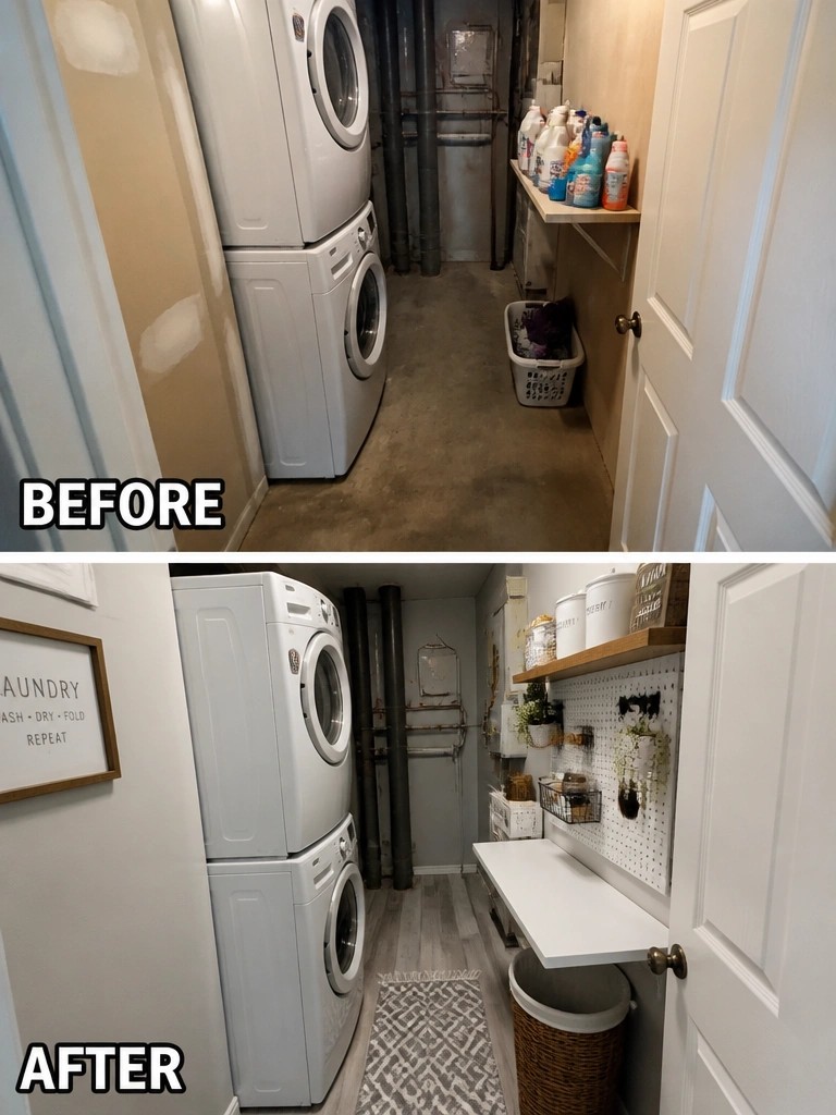 Before-and-after image of an unfinished laundry room updated with new flooring, a pegboard wall, shelves, and a folding station.