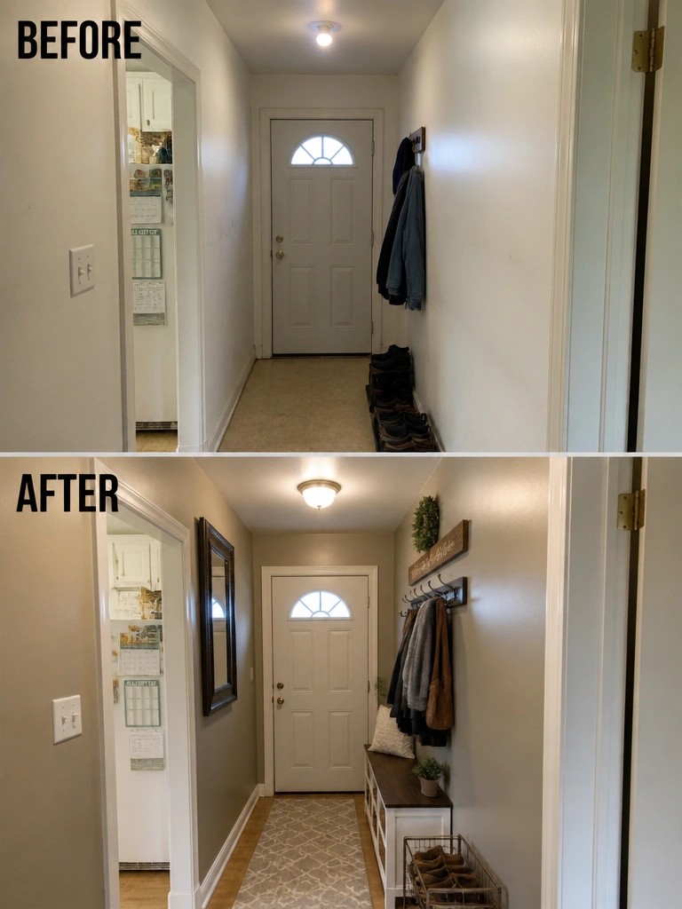 Before and after of renovated entryway with new bench, mirror, and storage.