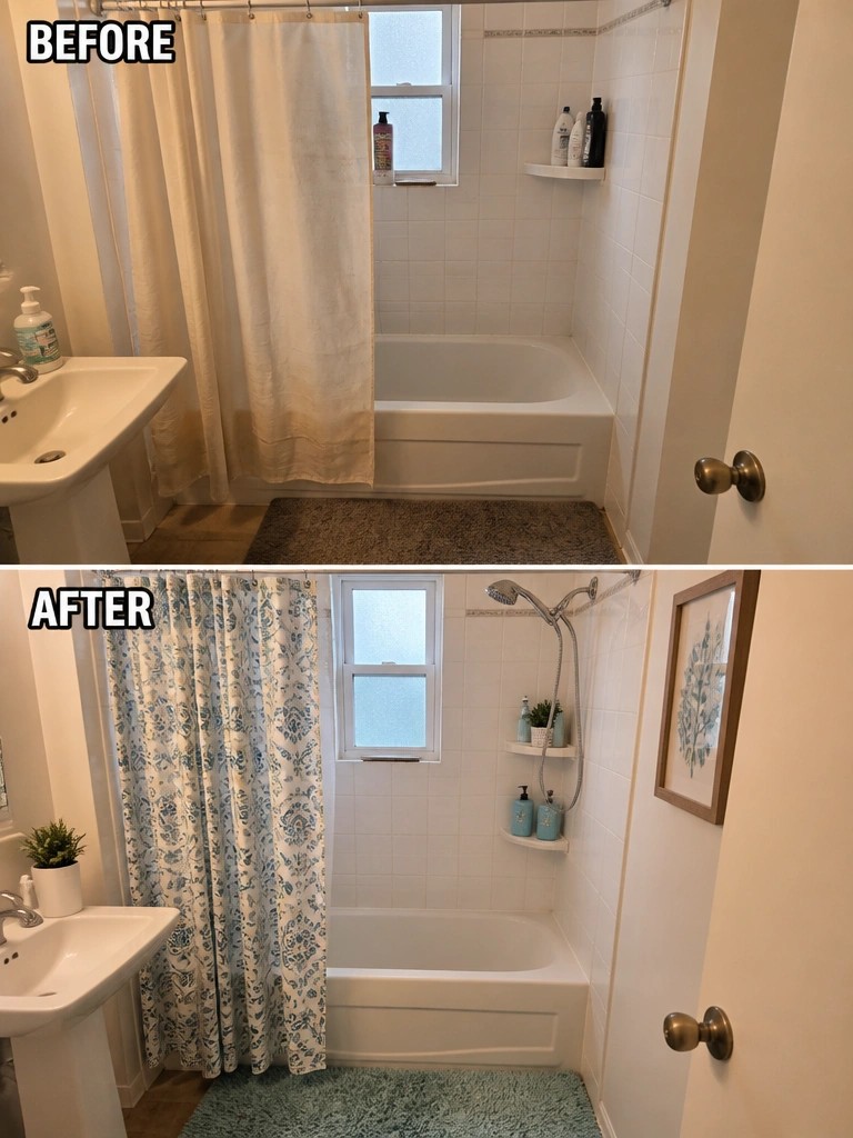 Before and after bathroom remodel with new patterned curtain and teal rug