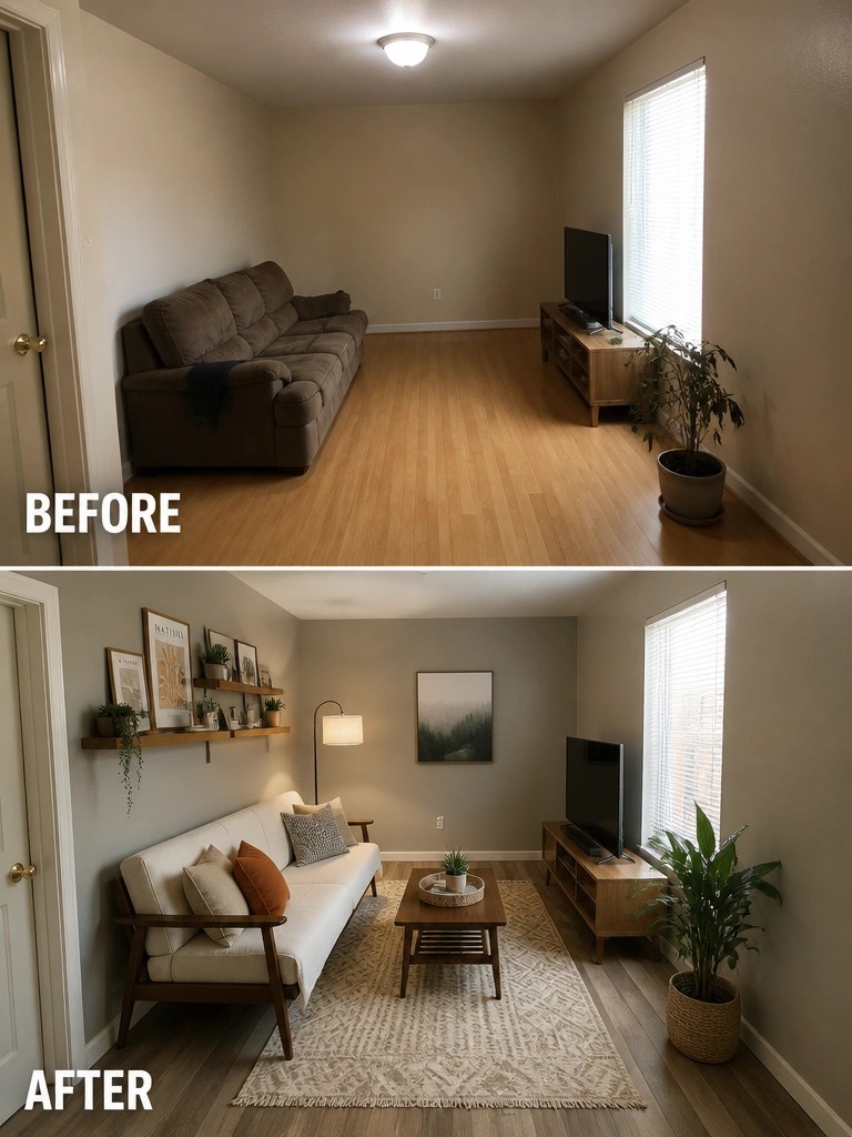 Before and after living room makeover with new sofa, rug, decor, and paint