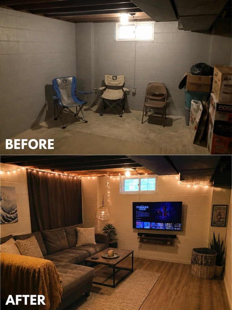 Before-and-after image of a basement room changed from folding chairs and clutter on concrete to a furnished space with a sectional sofa, coffee table, area rug, and wall-mounted TV.