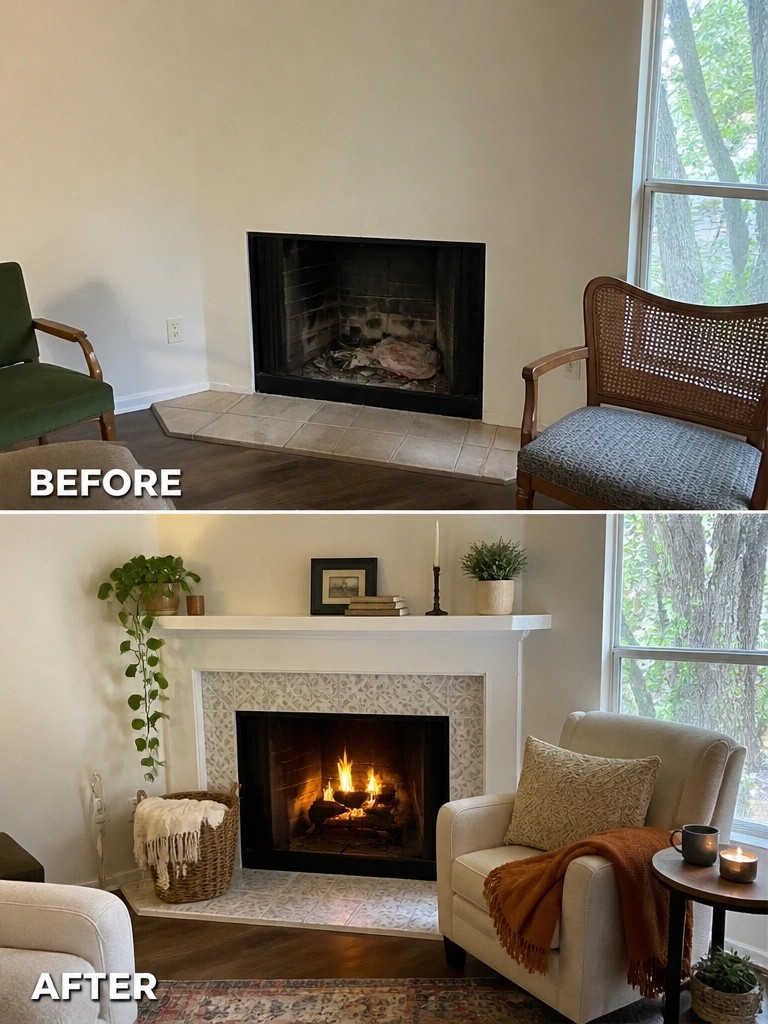 Before-and-after fireplace renovation with white mantel, patterned tiles, and cozy decor