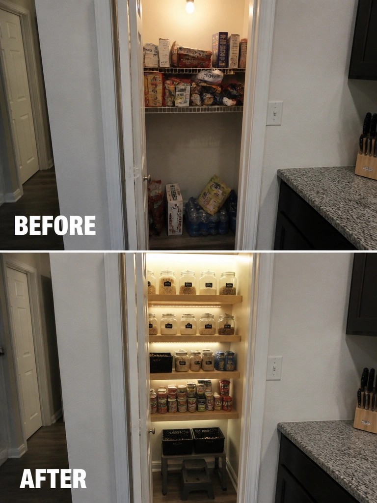 Before-and-after image of a cluttered pantry closet updated with wooden shelves, glass storage jars, and added lighting.