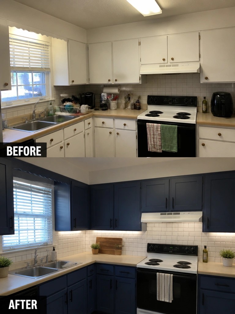 Before and after kitchen remodel with white cabinets painted navy blue