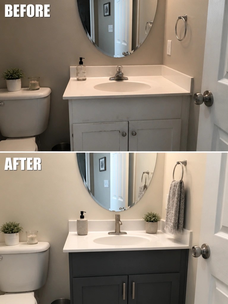 Before-and-after image of a bathroom vanity cabinet painted from off-white to dark gray with new hardware and added accessories.