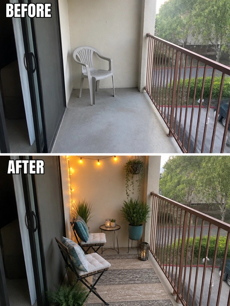 Before and after balcony with string lights, plants, chairs, and rug.