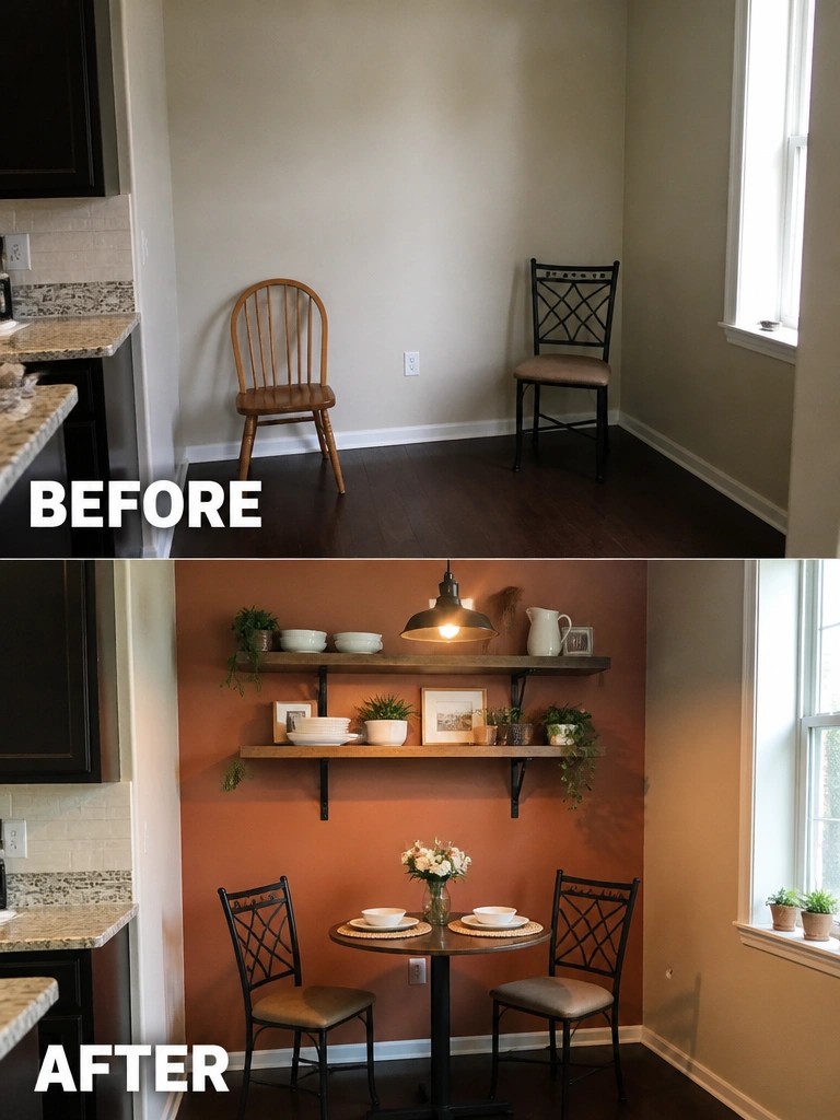 Before and after dining nook with shelves, round table, and terracotta accent wall