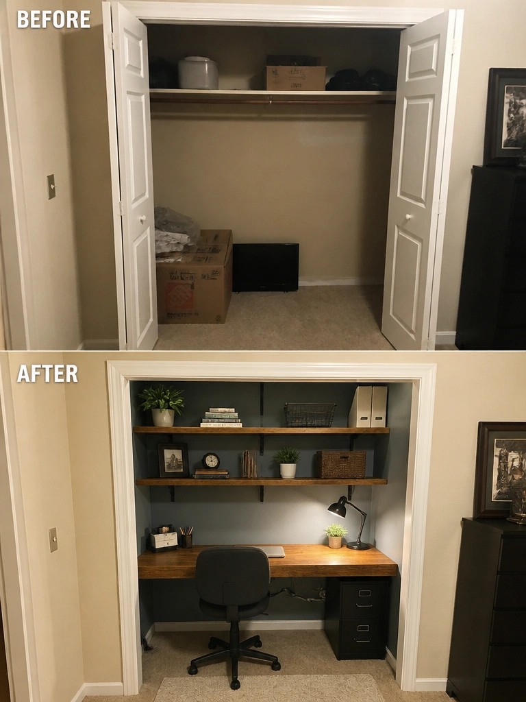 Before-and-after image of a cluttered closet converted into a built-in desk workspace with shelves and office storage.