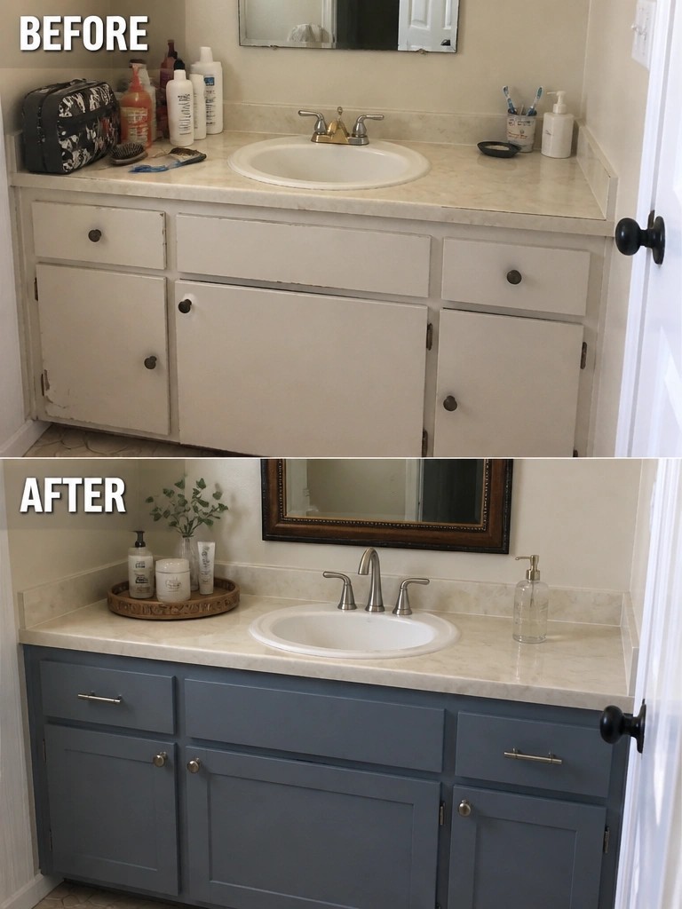 Before-and-after image of a bathroom vanity with worn white cabinets updated by painting them blue-gray and changing the hardware.