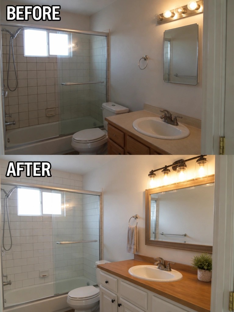 Before and after bathroom renovation with updated white vanity, mirror, and shower tiles.
