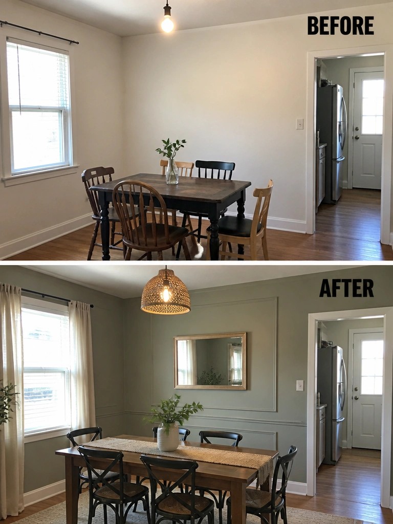 Before-and-after image of a dining room with white walls changed to sage green walls with trim, curtains, a new pendant light, and a rug under the table.