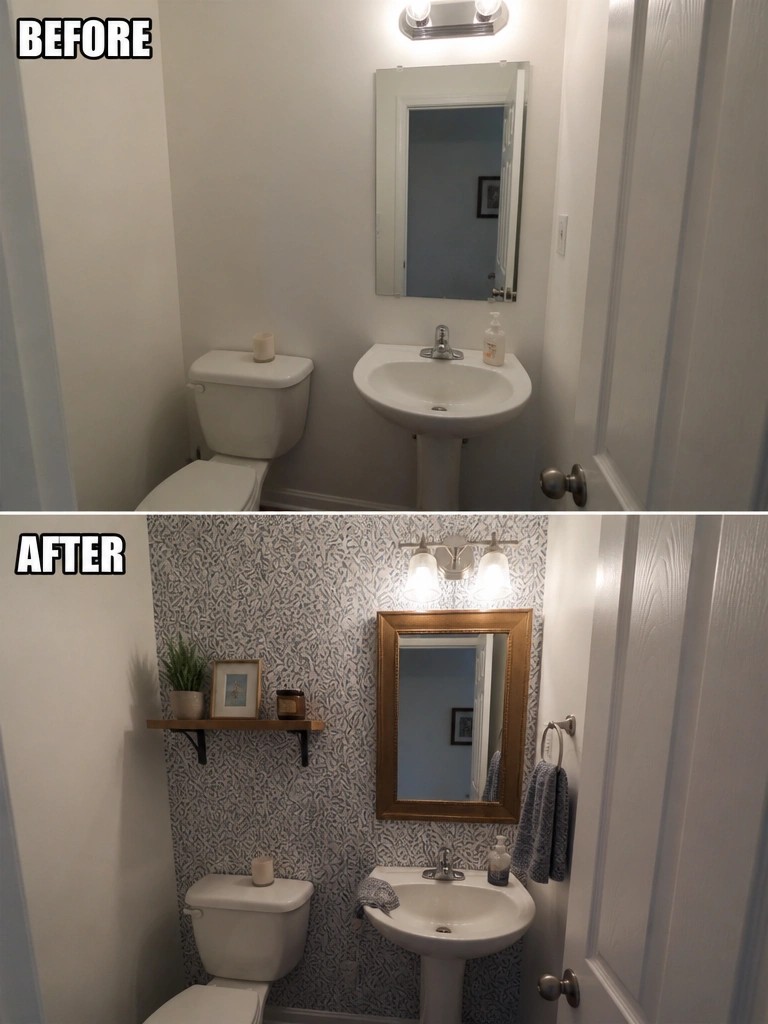 Before-and-after image of a plain white bathroom updated with patterned wallpaper, a wooden shelf, and a framed mirror.