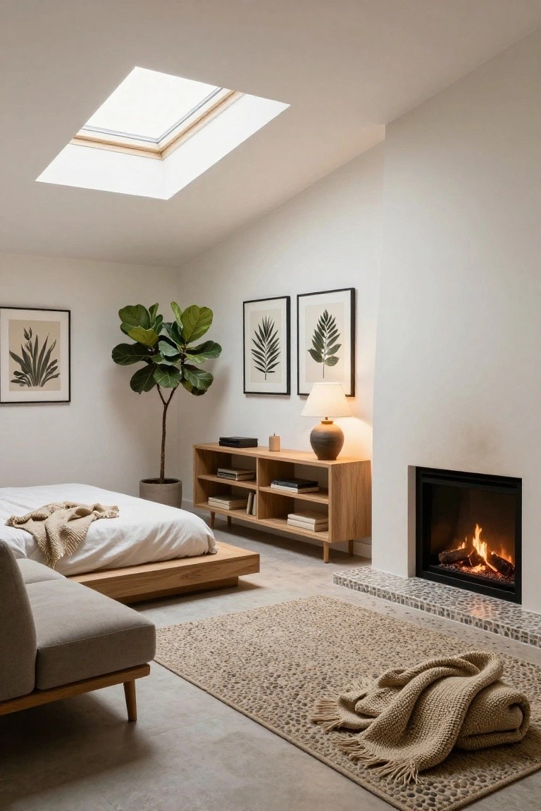A minimalist indoor room combining a bedroom and living area with a low wooden platform bed, gray sofa, oak shelving unit with books and electronics, tall fiddle leaf fig plant in a gray pot, two framed botanical prints, gas fireplace, beige rug, and skylight in a white-walled space with sloped ceiling.