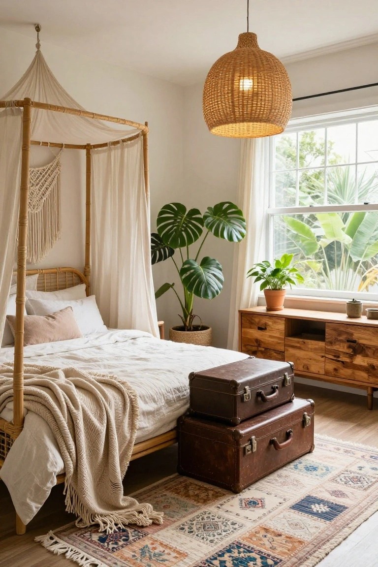A bedroom with a white-draped bamboo canopy bed on a rattan frame, white linens and throw, large monstera plant, wooden dresser, stacked brown leather suitcases used as nightstand, rattan pendant light, and patterned rug.