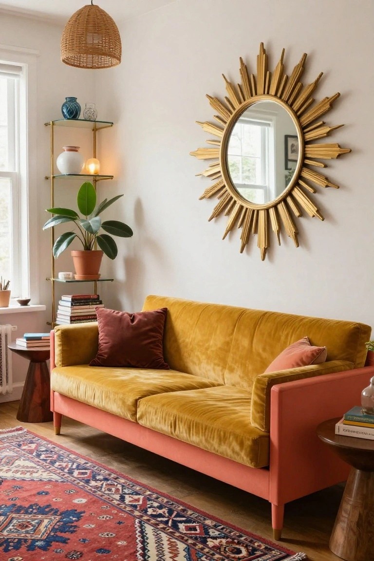 Living room with mustard yellow velvet sofa on coral orange frame and legs, large gold sunburst mirror on white wall above sofa, brass shelves with plants and ceramics, rattan pendant lamp, and red patterned rug on wood floor.