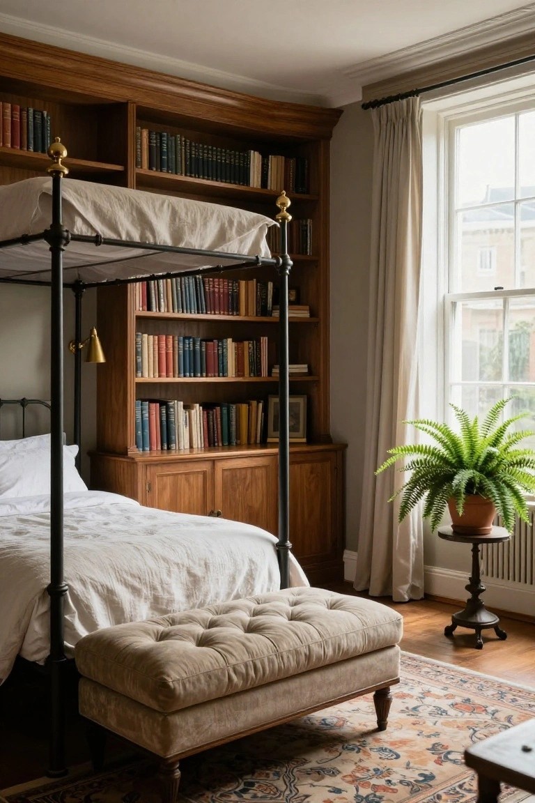Corner bedroom with dark wood built-in bookshelves filled with books surrounding a white four-poster bed, beige ottoman, potted fern plant near tall window with cream curtains, and patterned rug on wood floor.