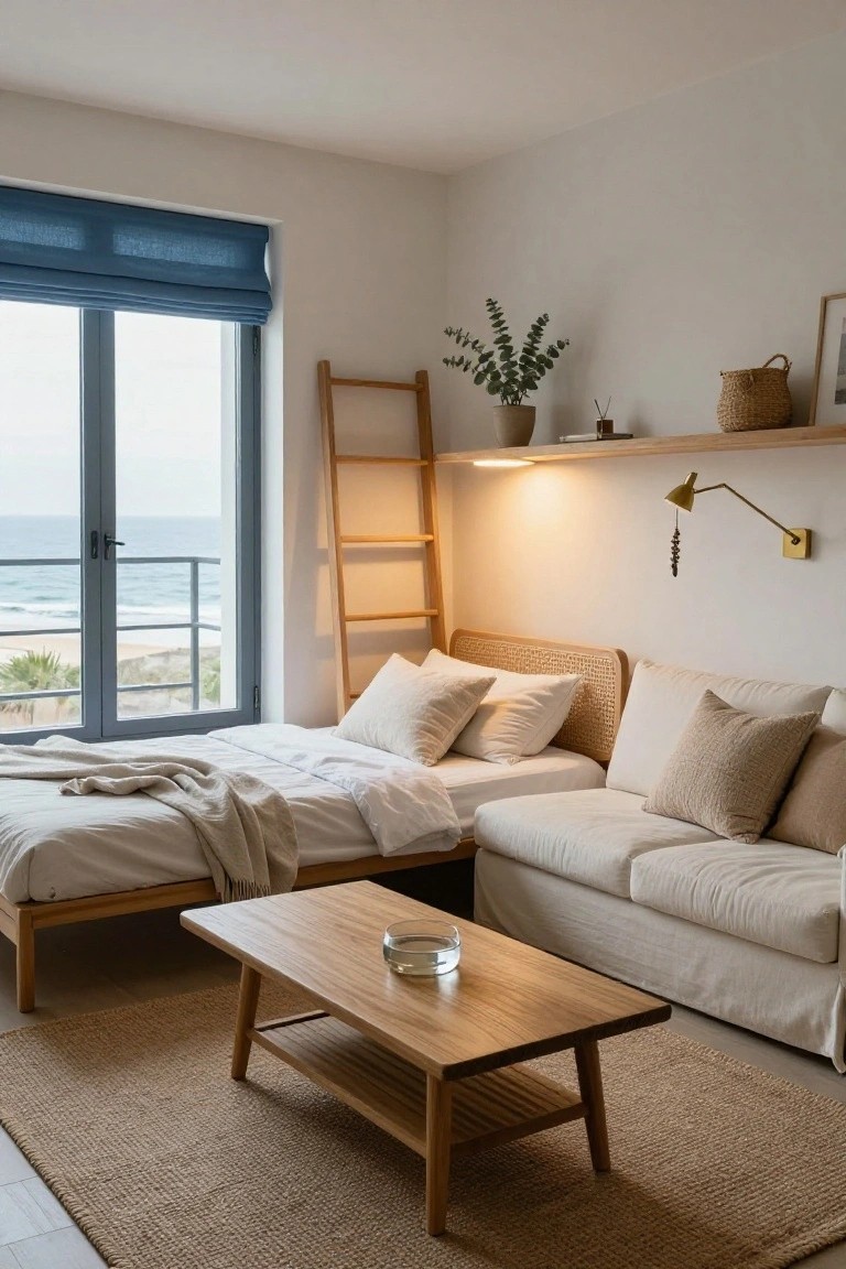 Small indoor room combining bed and sofa areas with low wooden platform bed draped in white linens, beige linen sofa with pillows, wooden coffee table holding a glass bowl, ladder shelf, potted eucalyptus plant, wall shelf, and large window with blue roman shade overlooking ocean and beach.