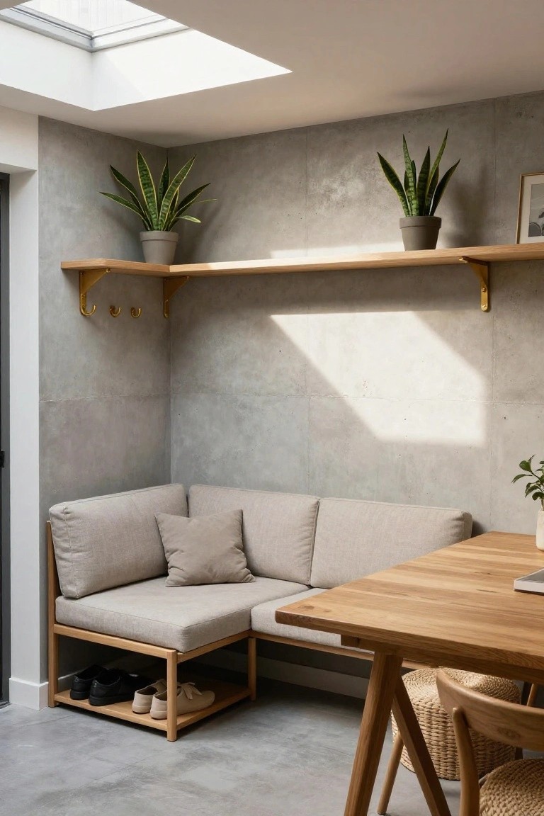 Modern corner interior with beige L-shaped bench sofa featuring open wooden storage underneath holding shoes, adjacent wooden table with chairs, potted snake plants on wall shelf, concrete walls, and skylight overhead.