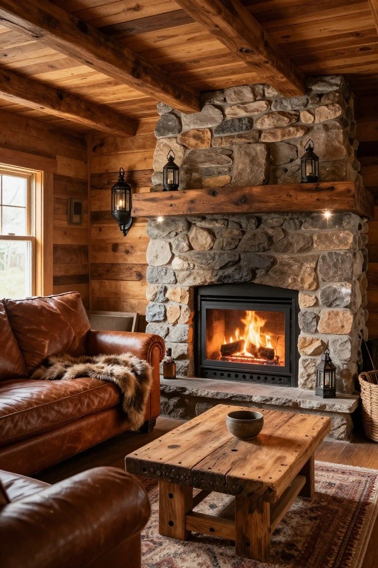 A cozy log cabin living room with wood-paneled walls and beamed ceiling, a tall stone fireplace with burning logs, two brown leather sofas with fur throw, rustic wooden coffee table, woven basket, and hanging lanterns.