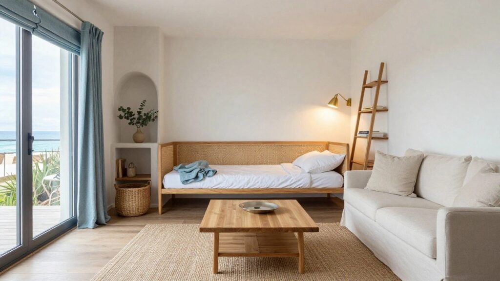 Small indoor room combining bed and sofa areas with low wooden platform bed draped in white linens, beige linen sofa with pillows, wooden coffee table holding a glass bowl, ladder shelf, potted eucalyptus plant, wall shelf, and large window with blue roman shade overlooking ocean and beach.