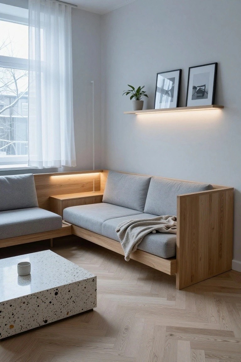Light wood L-shaped sofa with gray cushions and built-in end shelf lit by LED strip, low terrazzo coffee table, potted plant, framed photos on wall shelf, sheer curtains at window, herringbone wood floor in modern living room.