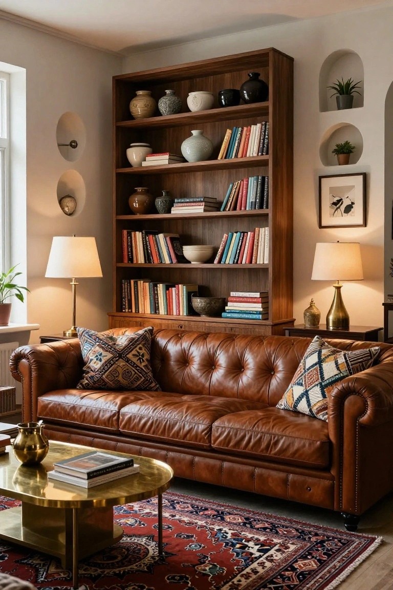 Tall wooden bookcase filled with books, ceramic vases, bowls, and pottery behind a brown tufted leather sofa in a living room with brass coffee table, lamps, plants, and red Persian rug.
