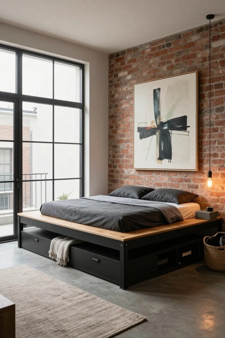 Low platform bed with black metal frame, wooden top, and built-in drawers on a concrete floor in a brick-walled bedroom with large steel-framed windows and pendant light.