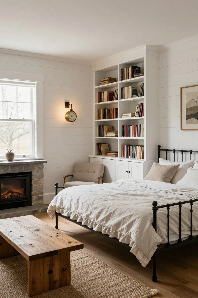 White shiplap-walled bedroom with tall built-in bookshelves filled with books, black metal bed with white linens, beige armchair, stone fireplace, wooden bench, seagrass rug, and window overlooking winter trees.