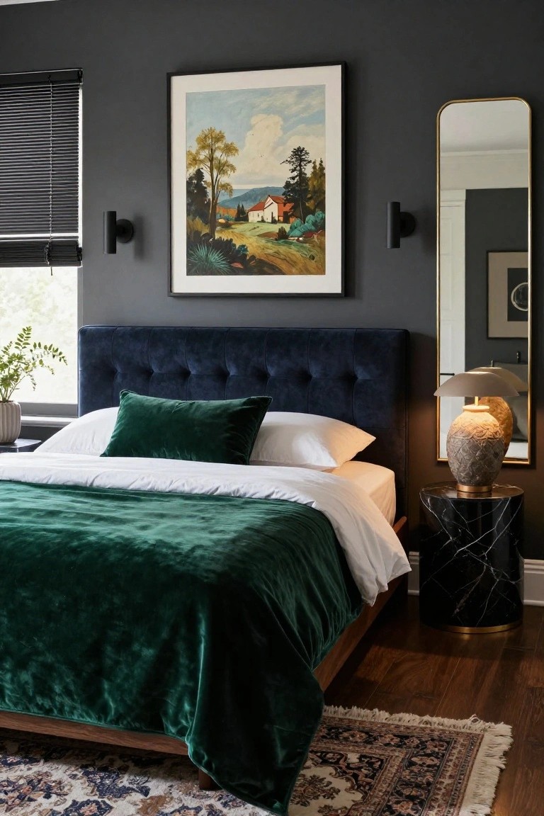 Bedroom with charcoal gray walls, navy tufted velvet headboard on wood bed frame, emerald green velvet duvet and pillow over white sheets, black marble side table holding textured ceramic lamp, gold oval mirror, black wall sconces, and landscape painting above.