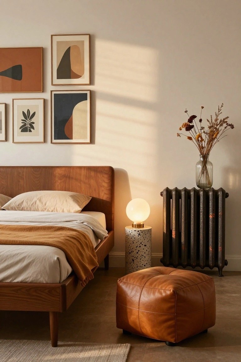 Bedroom with low wooden platform bed, neutral sheets and orange throw blanket, abstract artwork in wood frames on beige walls, white globe lamp on speckled pedestal table next to black cast iron radiator, tan leather cube ottoman on wood floor.