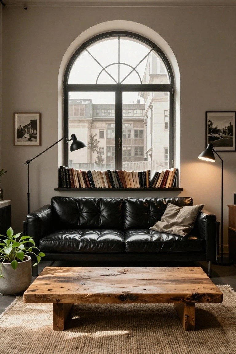 A cozy living room featuring a black leather tufted sofa, rustic wooden coffee table on a jute rug, potted plant, two floor lamps, and rows of books on the deep sill of a large arched window overlooking urban buildings.