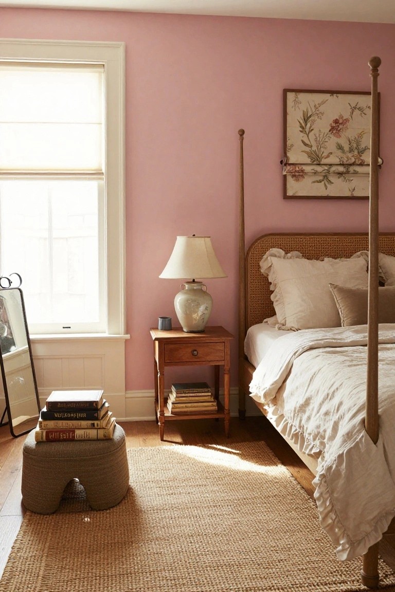 A sunlit bedroom featuring pale pink walls, a rattan four-poster bed with white ruffled linens, wooden nightstand holding books and a lamp, seagrass rug, and a full-length mirror near the window.