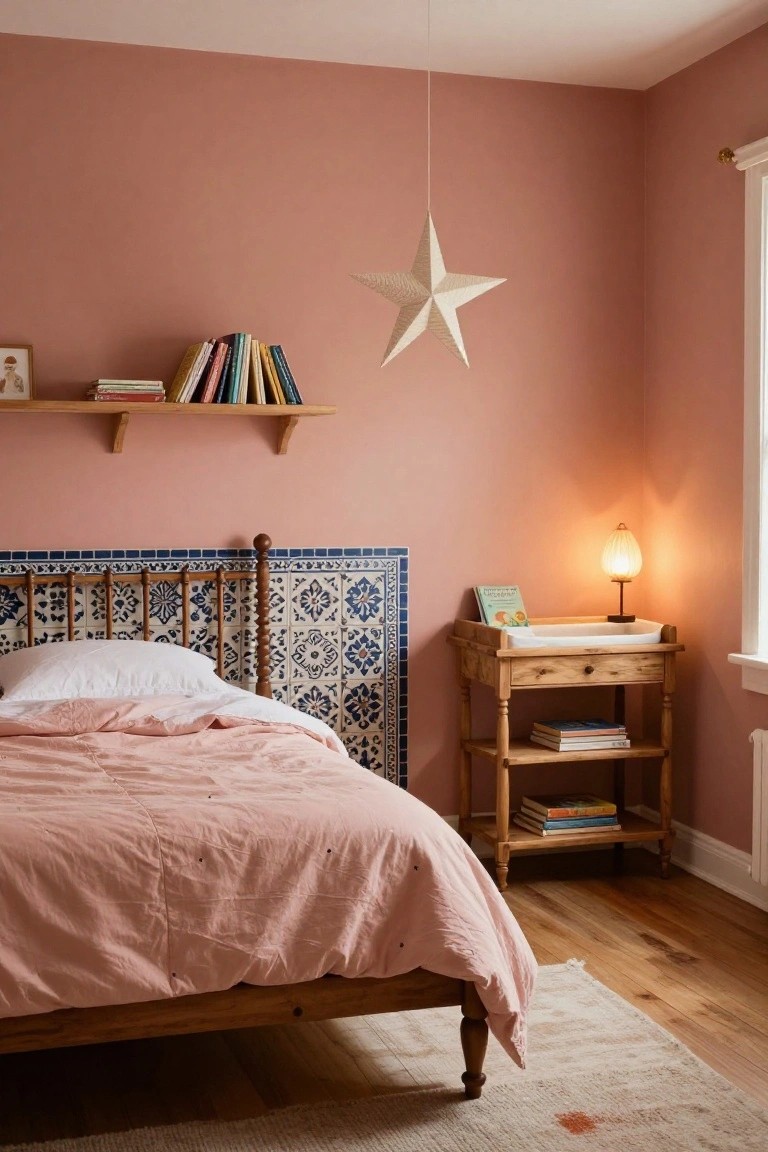 Corner of a blush pink bedroom with wooden bed featuring blue tiled headboard, wooden changing table with books, oak shelves with books and photos, hanging white paper star, and beige rug on wood floors.