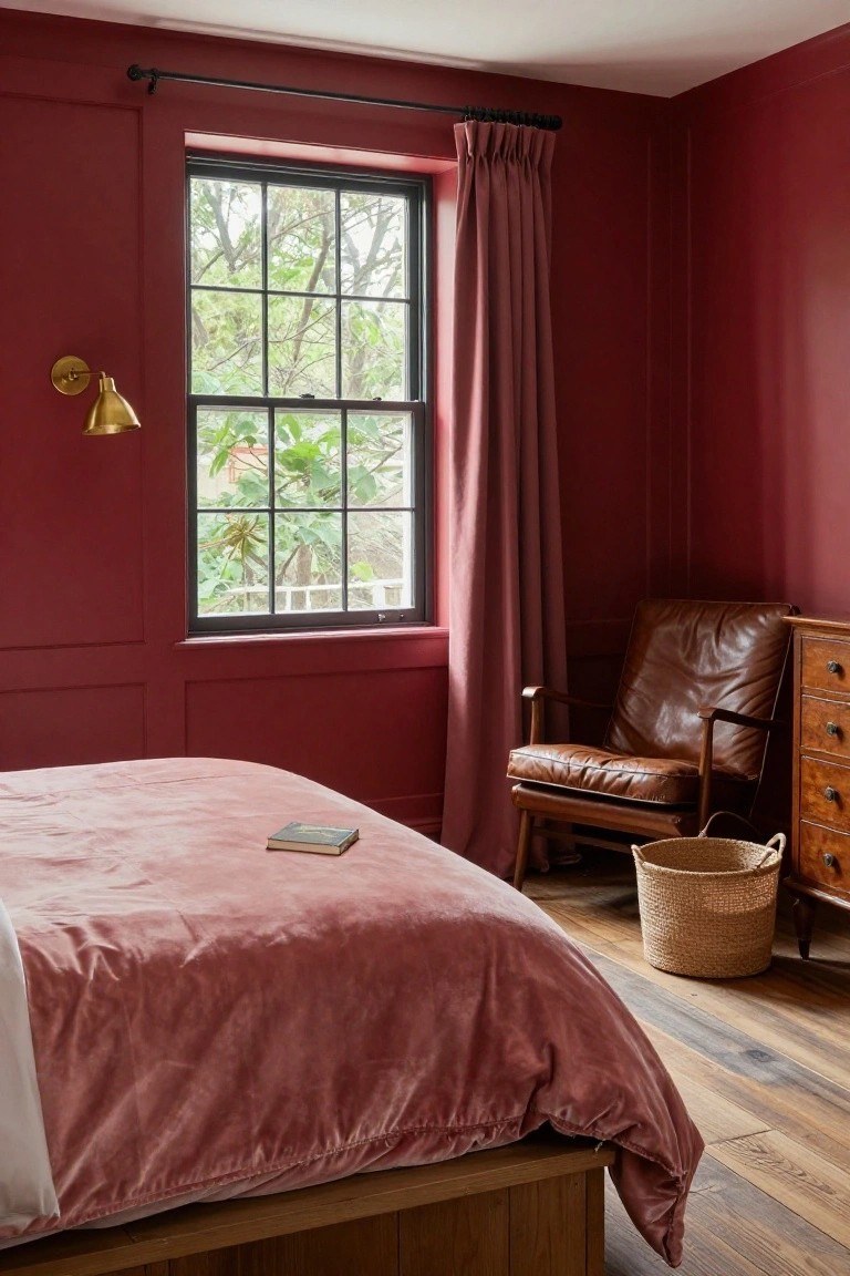 A bedroom with deep red paneled walls, pink velvet bedspread on a wooden bed frame, brown leather armchair beside wooden dresser with woven basket, gold wall lamp, and window with pink curtains showing green trees outside.