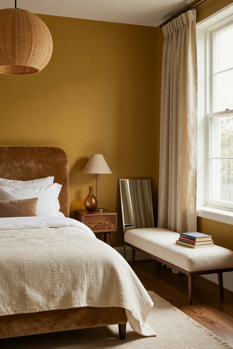 Bedroom corner with mustard yellow walls, brown velvet upholstered headboard bed dressed in white pillows and quilted coverlet, wooden nightstand holding lamp and glass vase, freestanding mirror, white bench with stacked books, and window draped in cream linen curtains.