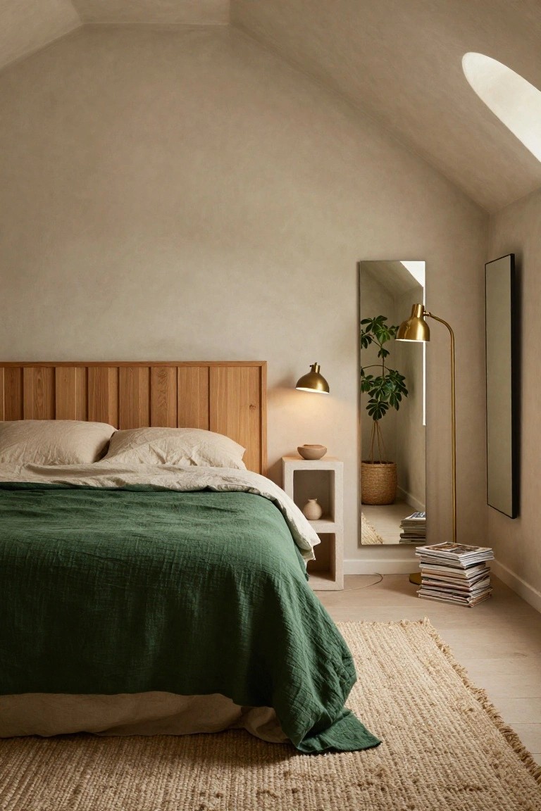 Bedroom with sloped beige walls, wooden paneled headboard, rumpled white sheets and pillows under olive green quilt, gold arched floor lamp beside tall mirror, potted plants, side table with vase, stack of magazines, and jute rug on wood floor.