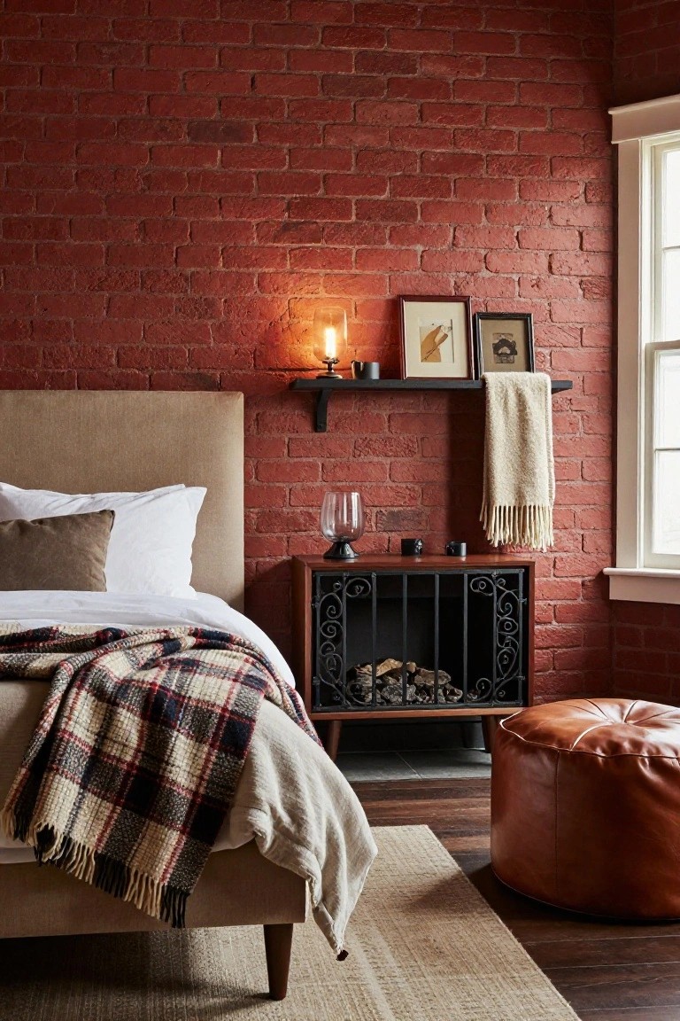 A bedroom with exposed red brick walls, beige upholstered bed with white sheets and plaid throw, small black metal fireplace with logs on wood nightstand, tan leather pouf, and seagrass rug on wood floor.