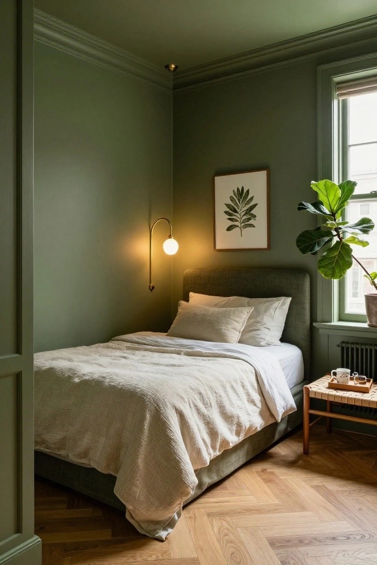 A bedroom with sage green walls, green upholstered bed with white linens and pillows, wall-mounted lamp, framed leaf artwork, fiddle leaf fig plant by the window, side table with tray, and parquet wood floors.