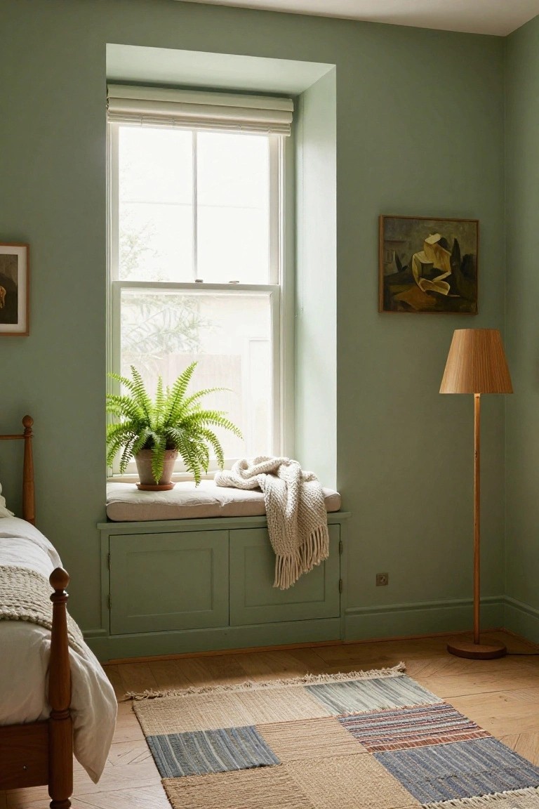 Bedroom with pale sage green walls, large window with roller blind and built-in cushioned seat holding a potted fern and knitted throw, wooden bed with white bedding, floor lamp, abstract painting, and patchwork rag rug on wooden floor.