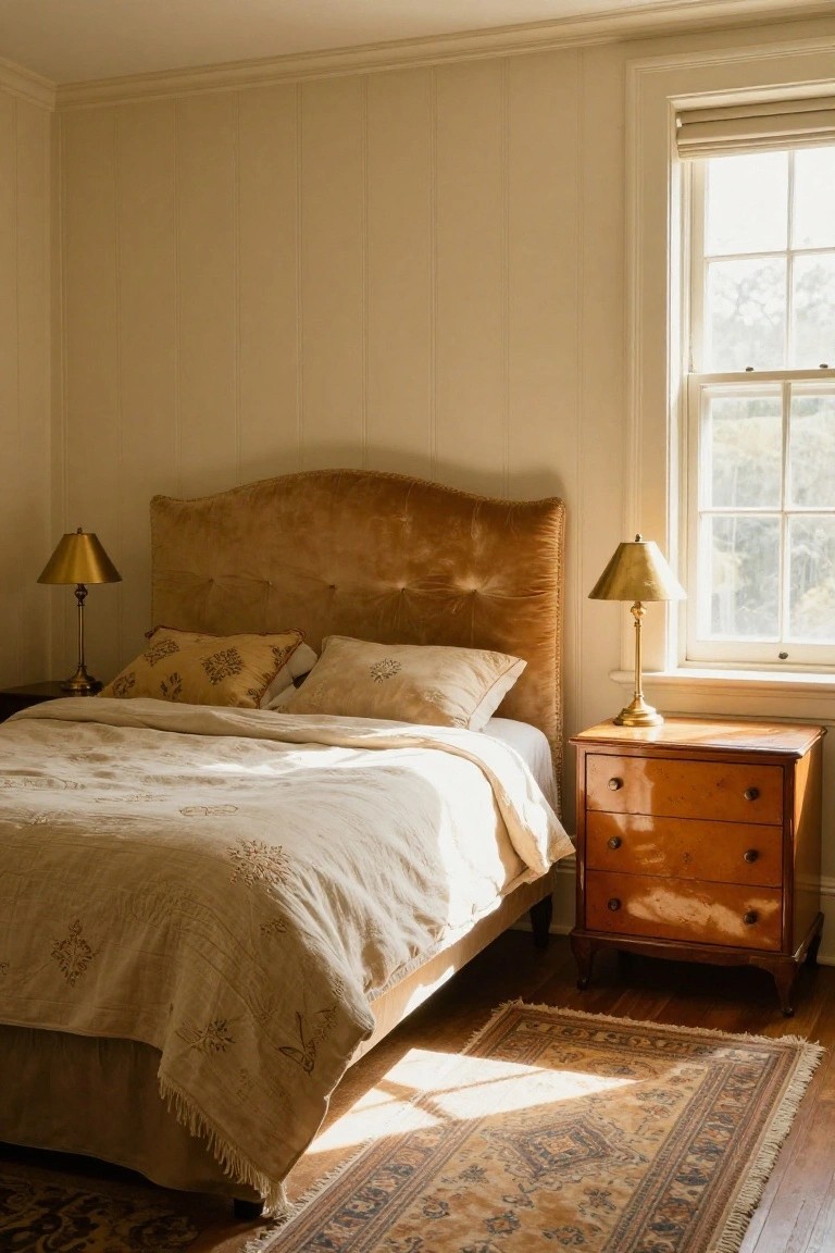 A sunlit bedroom featuring pale beige beadboard walls, tufted suede headboard in warm tan, cream pillows and quilted bedding, brass lamps on nightstands, wooden dresser, and an Oriental rug on hardwood floor.