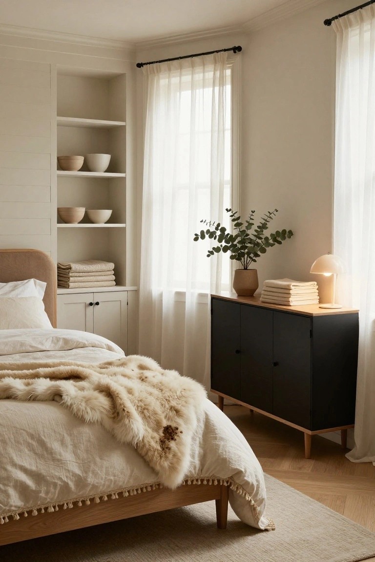 Bedroom corner with soft beige shiplap walls, wooden bed draped in cream linens and fur throw, black dresser holding stacked towels, eucalyptus in vase, and lamp, next to windows with sheer curtains.