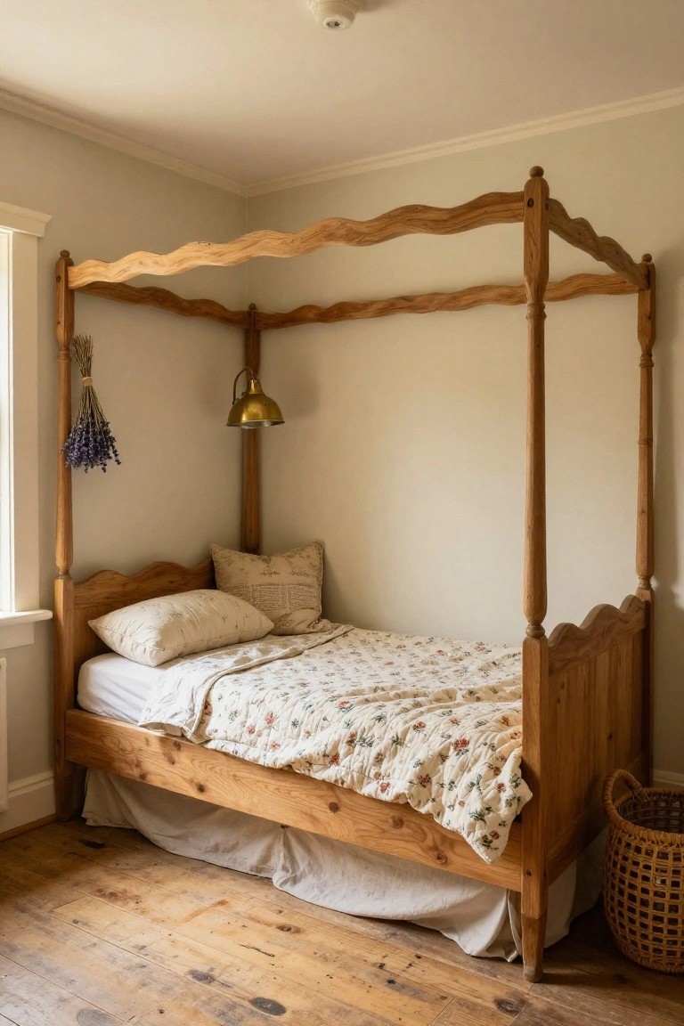 A wooden canopy bed positioned in the corner of a bedroom with pale greige walls, light floral quilt, pillows, hanging dried lavender bundle, brass wall lamp, and wicker basket on worn hardwood floors.