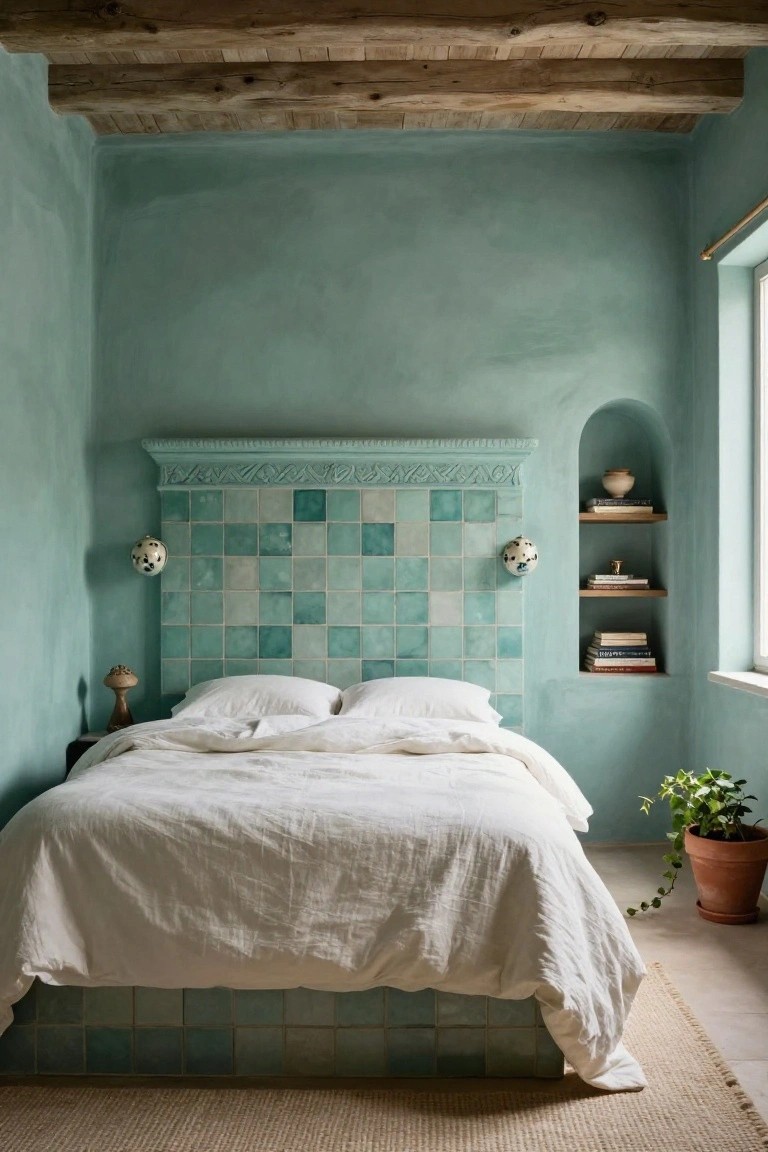 Bedroom interior with soft teal walls, headboard and bed platform covered in mismatched teal tiles, white linen bedding, wooden ceiling beams, wall sconces, bookshelves, and a potted plant near the window.
