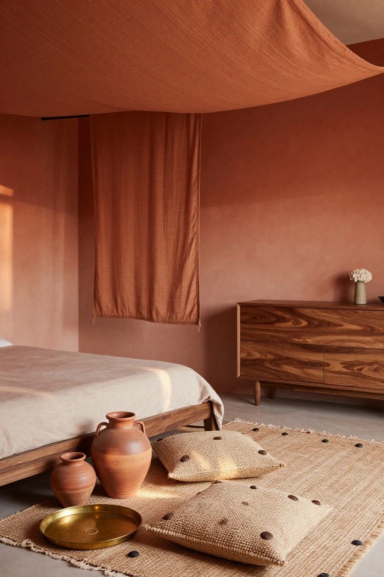 Bedroom with terracotta pink walls, low wooden bed draped in beige linens, two terracotta vases on the floor, wooden dresser with white flowers, seagrass rug, and beige pillows.